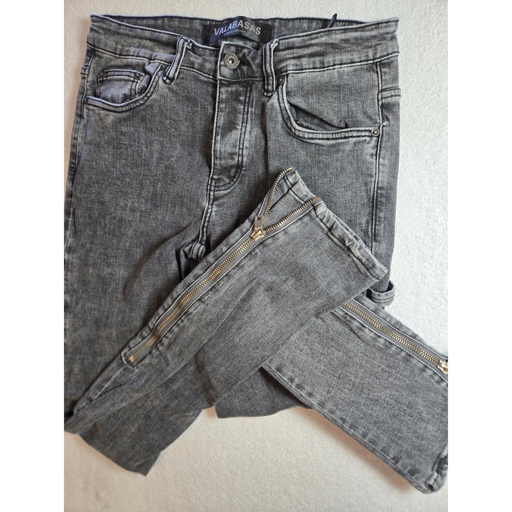 Valabasas Mens Skinny Stack Ankle Zip Jeans Faded Black Acid Wash Size 32 x 34.5